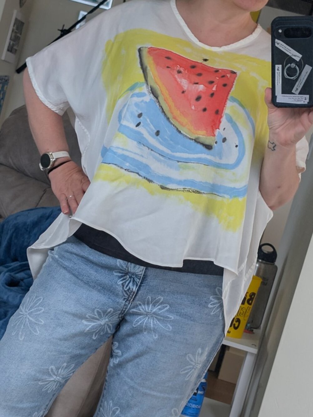 Skif Skifo Stylish Watermelon White Blouse Bus asymmetrical Art To Wear Ooak